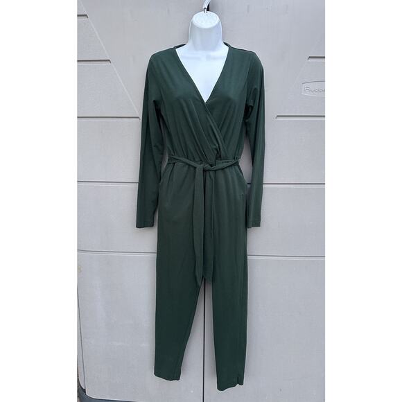 Pact Women’s Faux Wrap Jumpsuit Small Organic Cotton Blend Long Sleeve Green - Picture 2 of 8